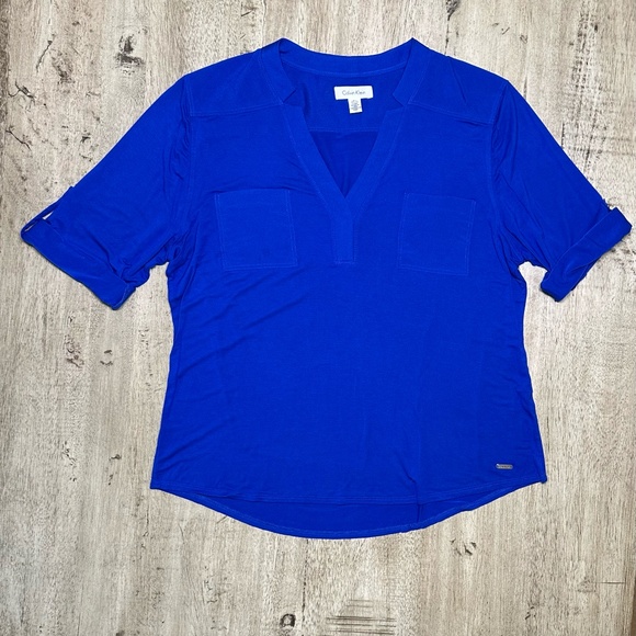 Calvin Klein Rolled Short Sleeve V-Neck Blouse - Picture 1 of 8